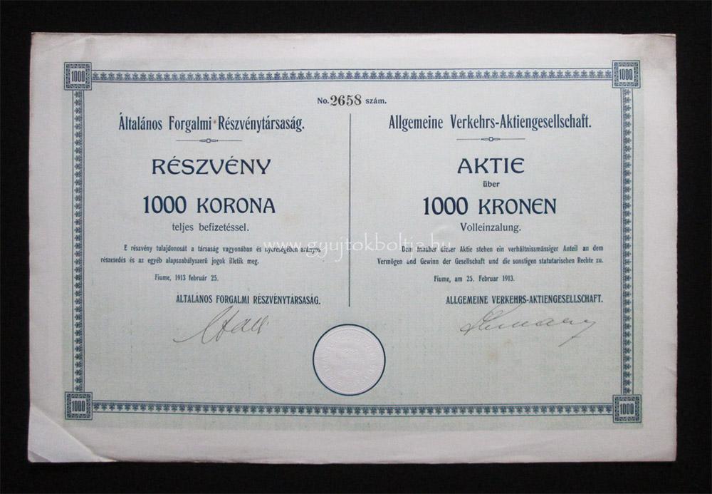 Általános Forgalmi részvény 1000 korona 1913 - Fiume (CRO)